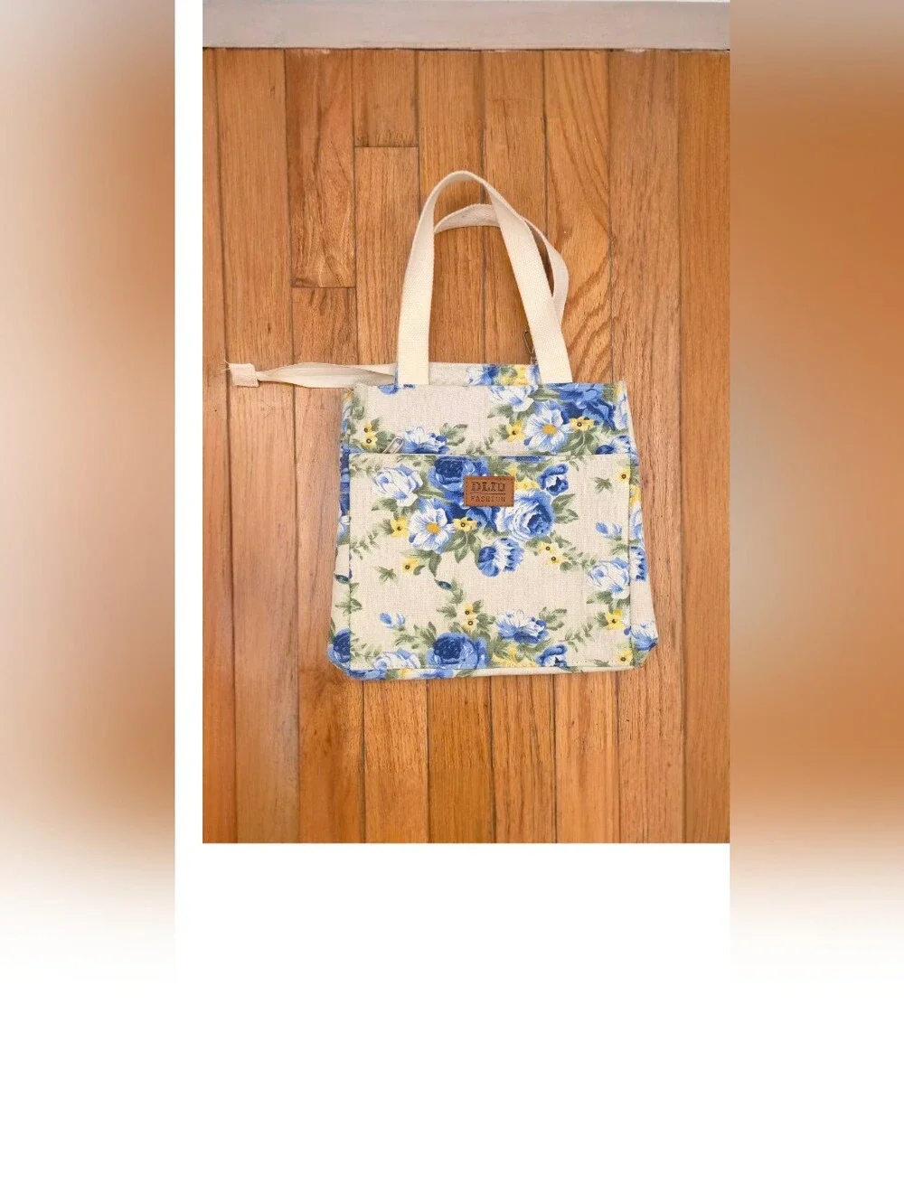 Blue Floral Canvas Tote Bag with Cream Straps